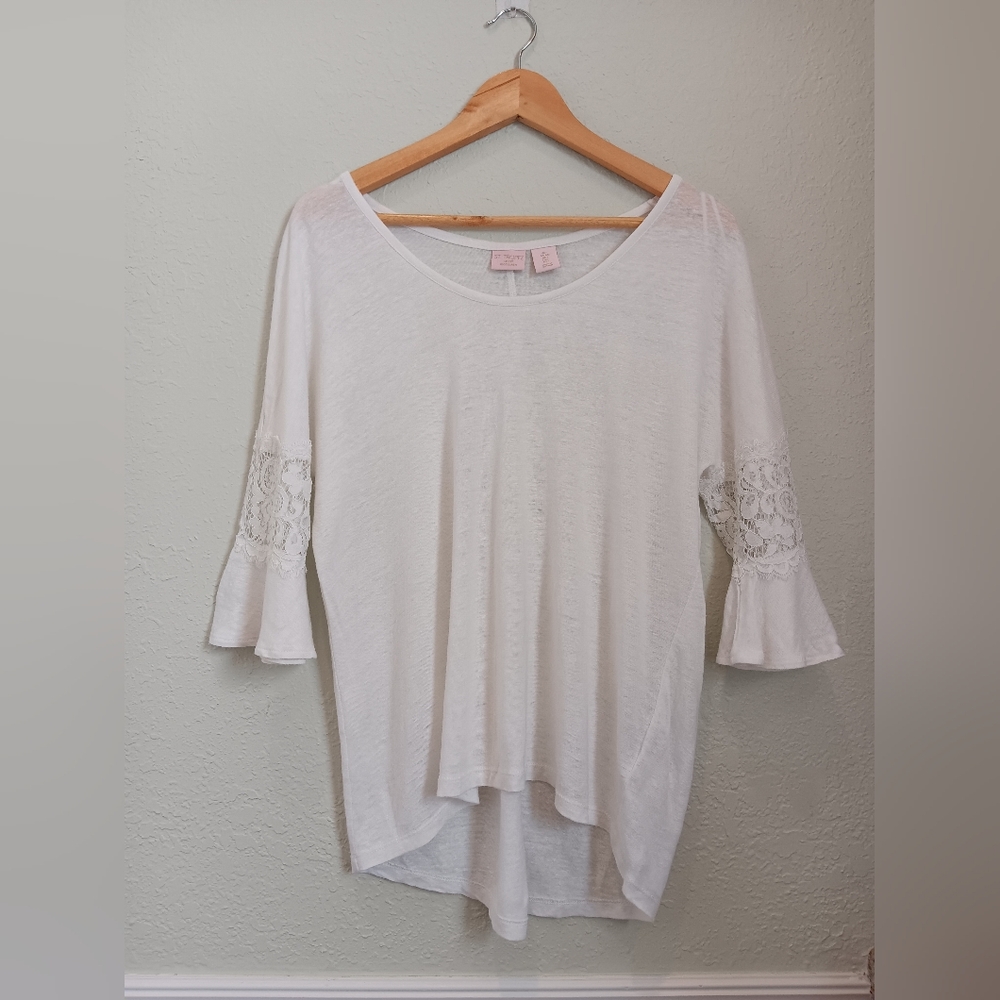 St Tropez White Lace Linen Ruffle Sleeve Women's 3/4 Top